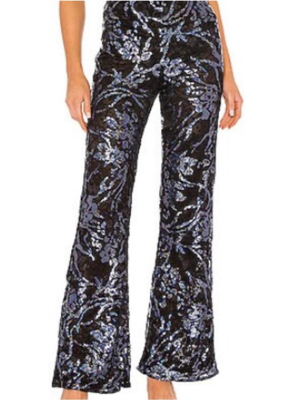 Revolve H:ours Black Floral Sequin Flared Pull-on Pants XXS
